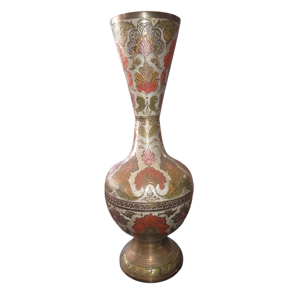 Penco Industries‎ Vintage Large Red & Gray Enamel On Brass Cloisonne Vase 14"